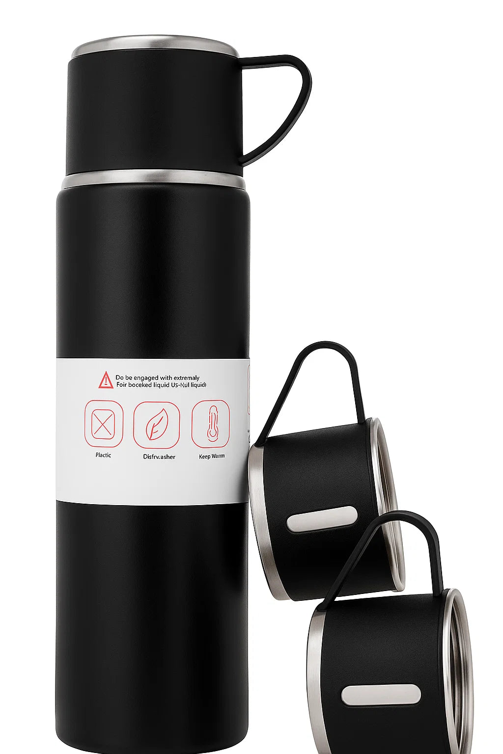 304 Stainless Steel Vacuum Flask 500ml with Two Cups – Hot & Cold Travel Water Bottle